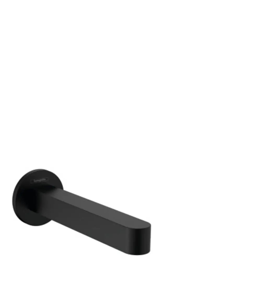 Schwarzer Wanneneinlauf von Hansgrohe. Minimalistisches Design mit gerader Form, wandmontiert, geeignet zur Verbindung mit einer Badewanne.